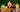 5 glasses filled with orange, green, yellow & purple iced beverages with fruit slices and herbs with trees in the background