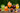 5 glasses filled with orange, green, yellow & purple iced beverages with fruit slices and herbs with trees in the background