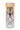 A clear glass water bottle with a light wood lid and a stainless steel infuser, decorated with colorful butterfly and moth illustrations in orange, blue, pink, and white.