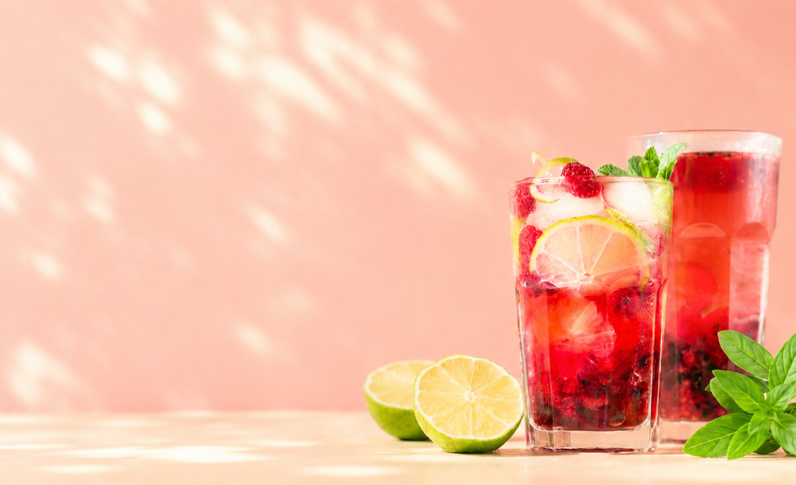Two tall glasses of hibiscus iced tea mocktail with lime slices, strawberries, and mint leaves on a light surface against a soft pink background with dappled light shadows.