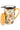 A ceramic mug with sunflowers and a yellow lid and stainless steel tea infuser.