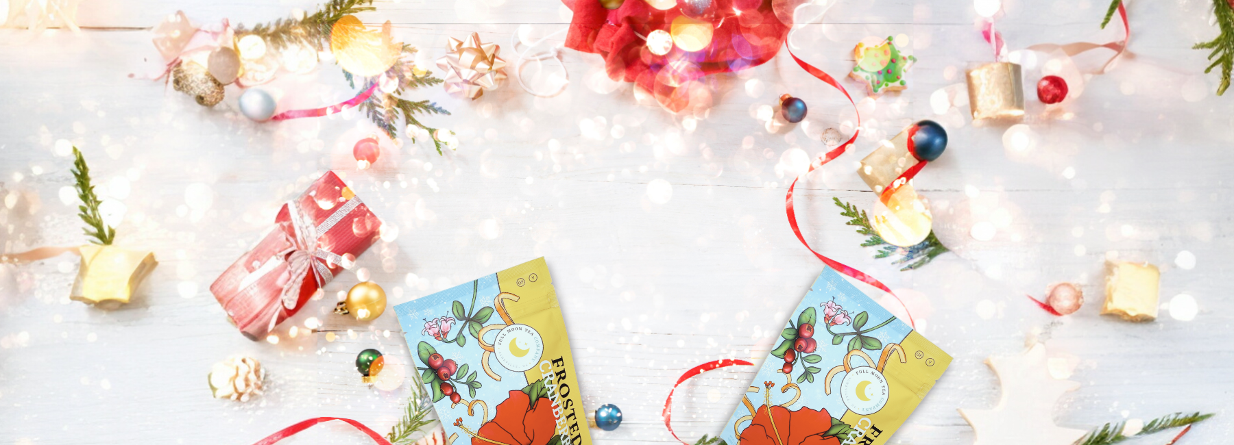 Decorative Christmas scene with gift boxes, cards, and ornaments on a white background